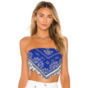 Superdown Paisley Bandana Tie Crop Strapless Top - Sophia Blue & White NWOT